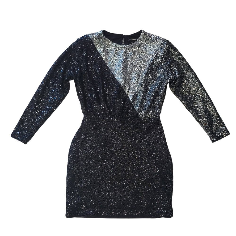 Express Women Medium Mini Dress Black Silver Sequin Long Sleeve Colorblock Party